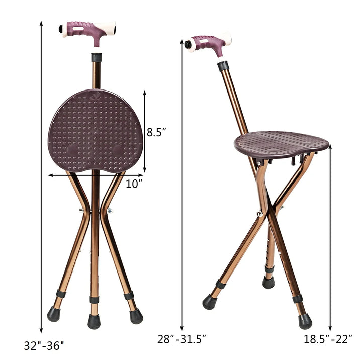 Goplus Outdoor Occasion Adjustable Large Folding Cane Seat Aluminum Alloy Crutch Chair with Light Coffee