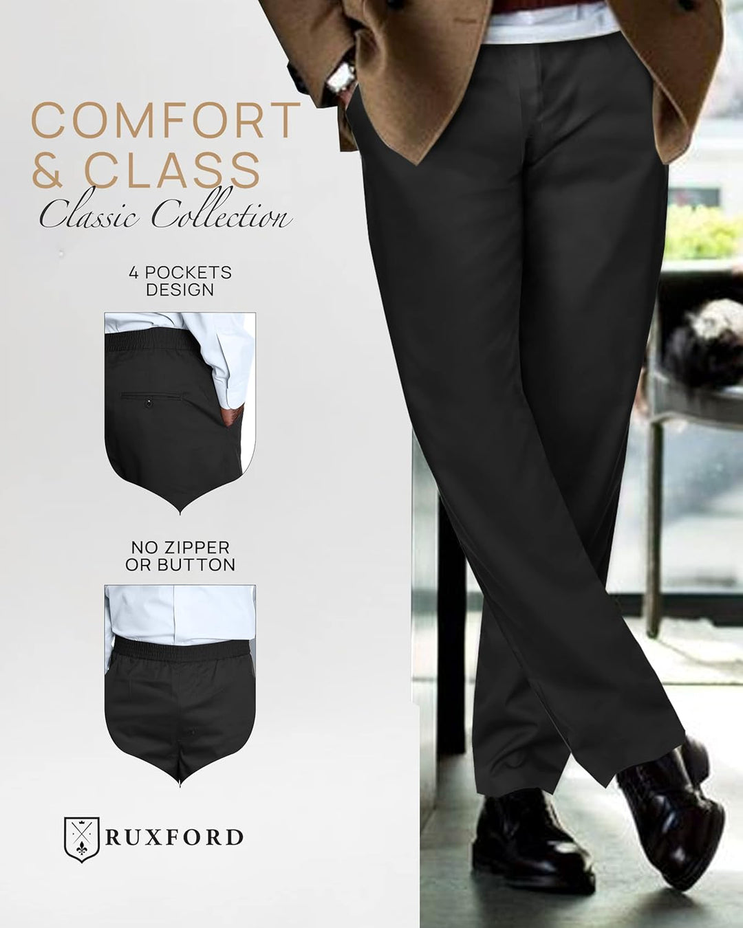 Men'S Elastic Waist Pants for Seniors - Black Relax Fit Jeans | Elderly Men'S Jeans with Elastic Waist