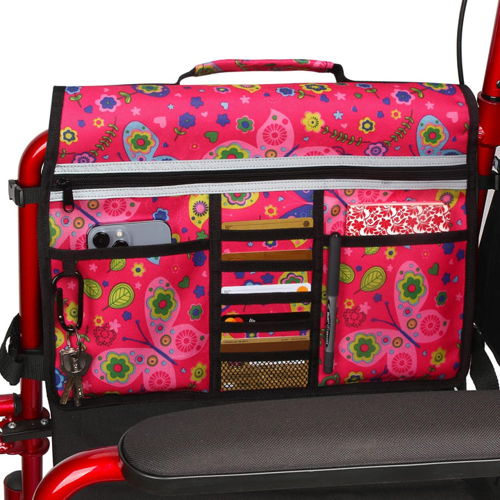 Wheelchair Storage Bag, Double-Sided Armrest Pouch with Cup Holder and Reflective Strip, for Wheelchairs and Walkers (Red Butterfly)