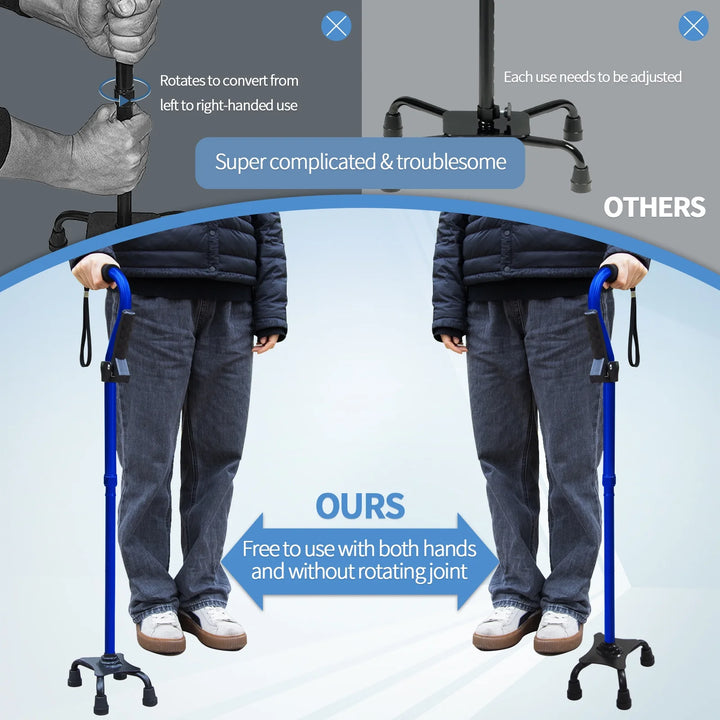 P4TC Walking Cane for Elderly – Foldable, 4-Prong Base, Second Assist Handle, Blue