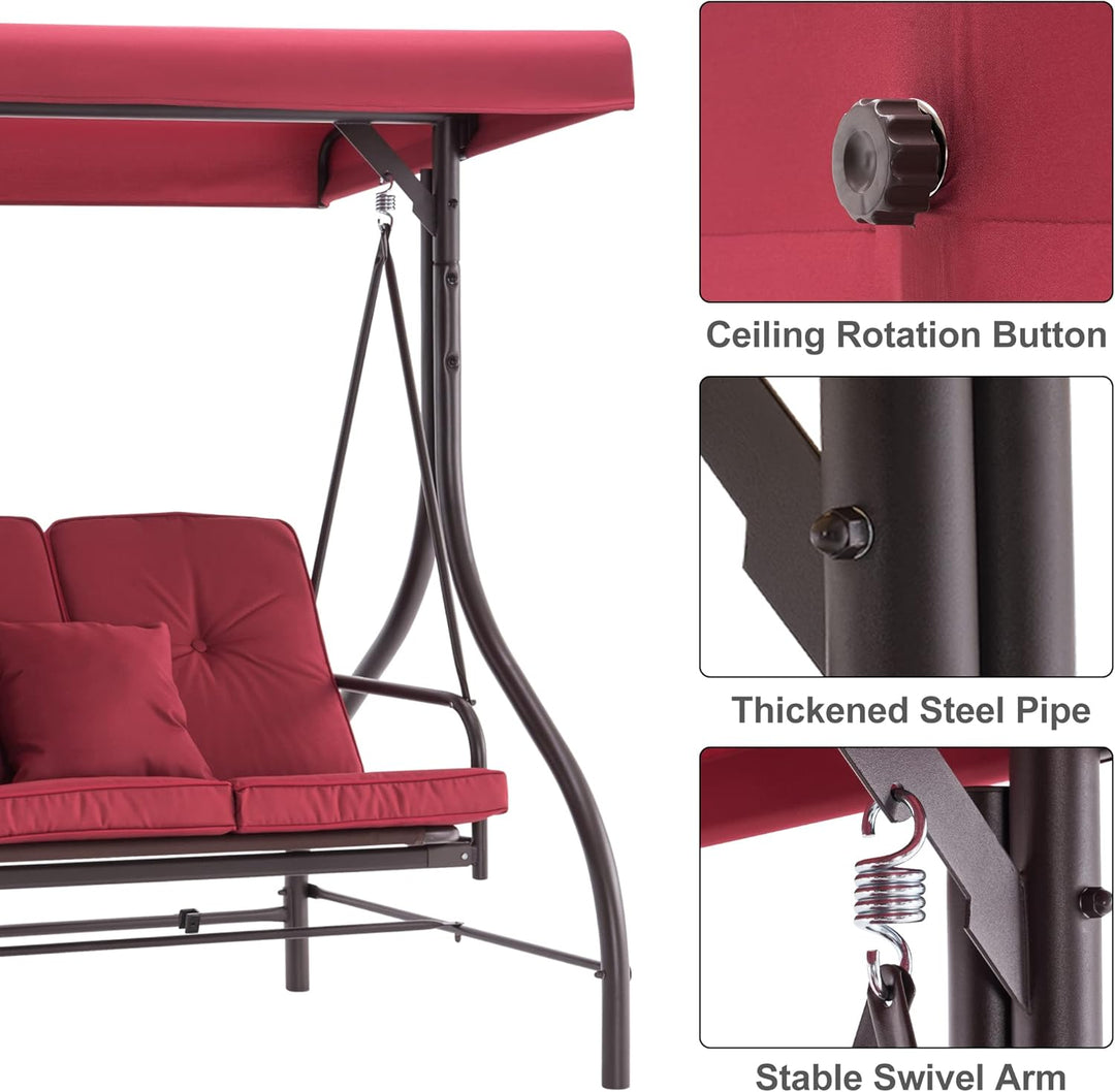 3-Seat Outdoor Patio Swing Chair, 2-In-1 Convertible Porch Swing Glider Chair with Removable Cushions, Adjustable Canopy & Pillows for Backyard, Deck, Garden, 4068 (Burgundy)