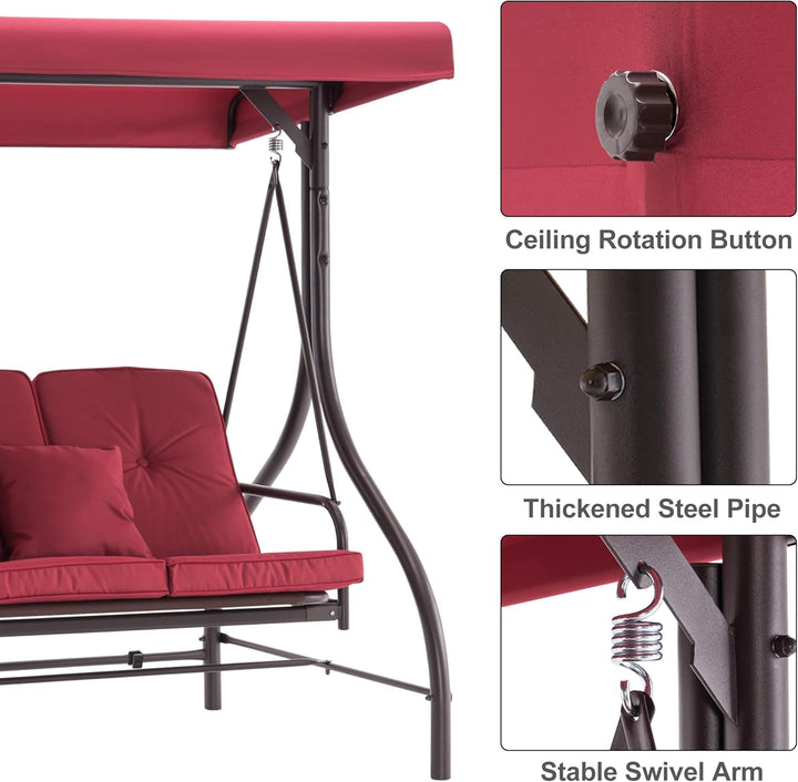 3-Seat Outdoor Patio Swing Chair, 2-In-1 Convertible Porch Swing Glider Chair with Removable Cushions, Adjustable Canopy & Pillows for Backyard, Deck, Garden, 4068 (Burgundy)