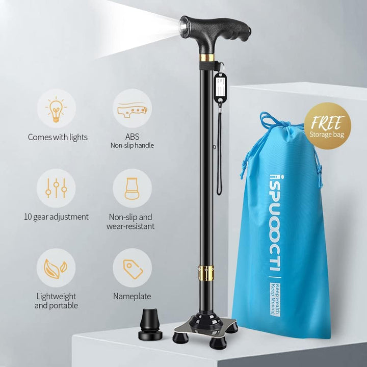 P4TC Walking Cane with LED Light – Telescopic, Non-Slip Mobility Aid with 10 Height Adjustments & Travel Bag | Dual-Use for Seniors, Men & Women (Black)