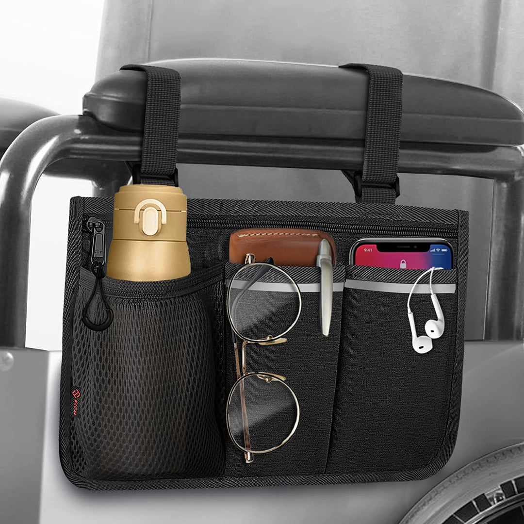 Wheelchair Side Storage Bag - Wheelchair Armrest Accessories Organizers Pouch with Reflective Strips and Name Card Slot for Walkers, Mobility Scooters, Rollators (Black)