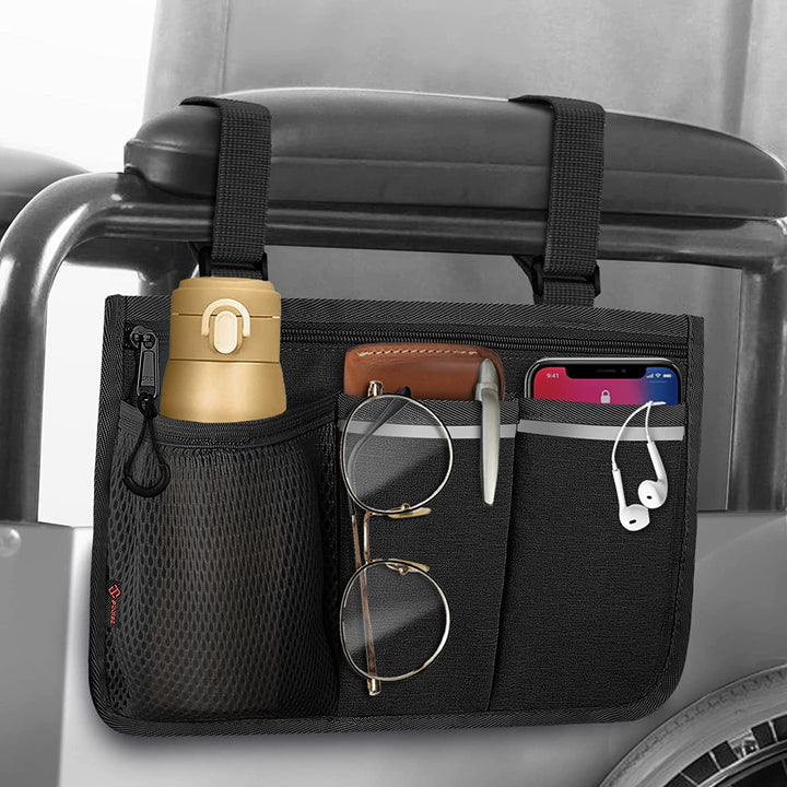 Wheelchair Side Storage Bag - Wheelchair Armrest Accessories Organizers Pouch with Reflective Strips and Name Card Slot for Walkers, Mobility Scooters, Rollators (Black)