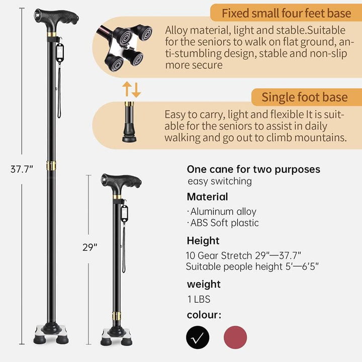 P4TC Walking Cane with LED Light – Telescopic, Non-Slip Mobility Aid with 10 Height Adjustments & Travel Bag | Dual-Use for Seniors, Men & Women (Black)