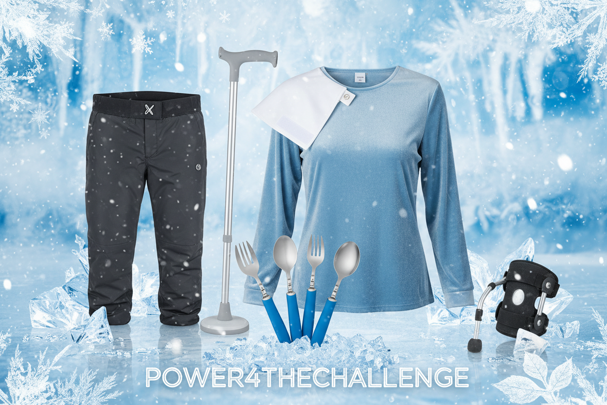 Fun Winter (no Christmas) vibe for Power4TheChallenge with assorted adaptive products and apparel, Velcro blouse with one Velcro flap showing, show magnetic pants flap, adaptive cane, adaptive motion utensils, grip-bar-knee-brace_4eeaa6e9-0b6e-44e0-a98f-584b82144327 (very small image to fit)