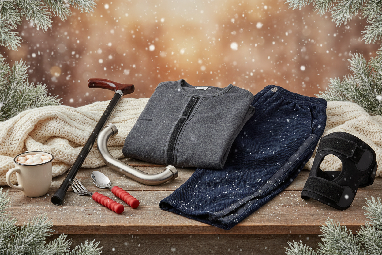 winter vibe for power4thechallenge-assorted-adaptive-products-and-apparel-velcro-shirt-and-velcro-pants-cane-adaptive-utensils-grip-bar-knee-brace