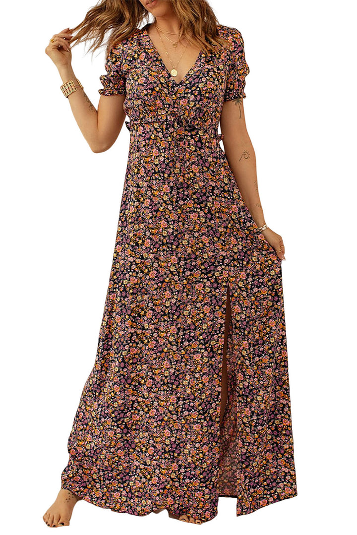 P4TC Multicolor Boho V Neck Floral Print Frill Maxi Dress