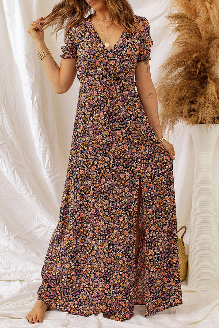 P4TC Multicolor Boho V Neck Floral Print Frill Maxi Dress