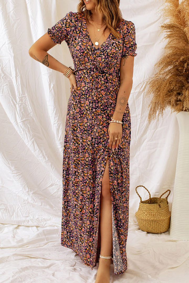 P4TC Multicolor Boho V Neck Floral Print Frill Maxi Dress