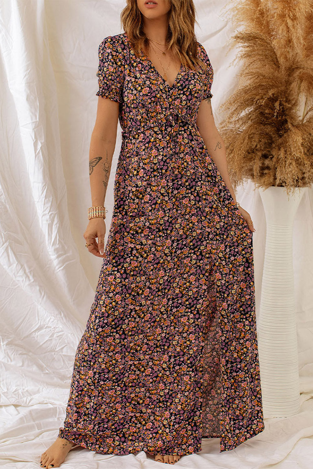 P4TC Multicolor Boho V Neck Floral Print Frill Maxi Dress