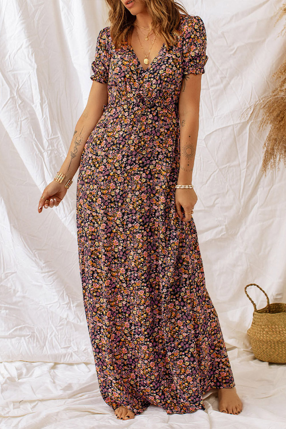 P4TC Multicolor Boho V Neck Floral Print Frill Maxi Dress