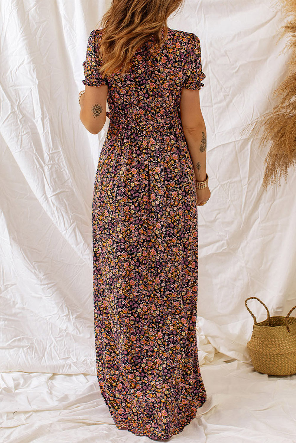 P4TC Multicolor Boho V Neck Floral Print Frill Maxi Dress