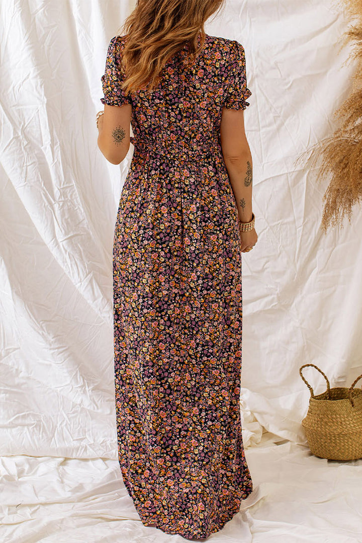 P4TC Multicolor Boho V Neck Floral Print Frill Maxi Dress